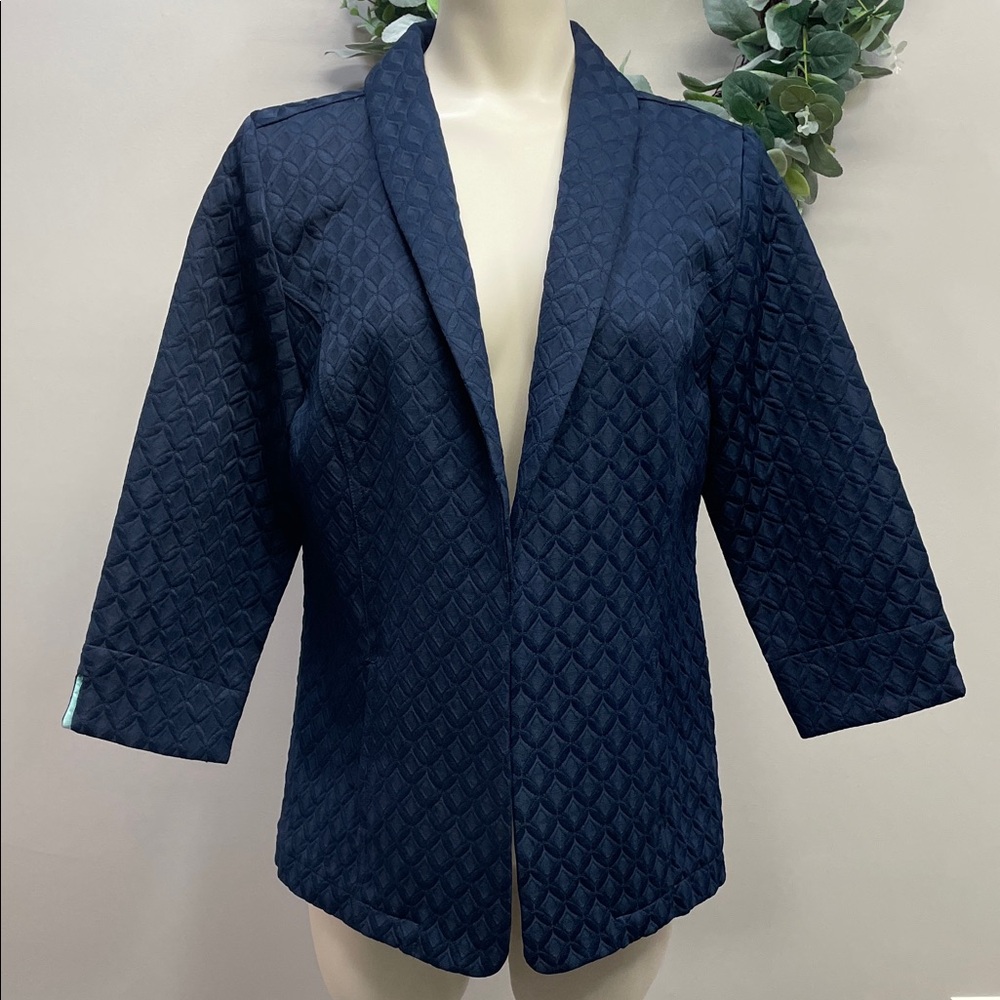 Christopher & Banks Navy Textured Open Front Blazer Jacket 3/4 Length Sleeve  M